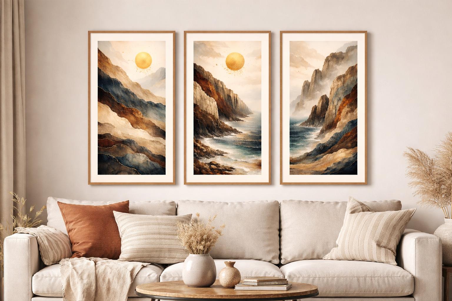 Coastal Cliffs Triptych Art Print, Abstract Seascape, Earth Tone Wall Decor (Digital Download)