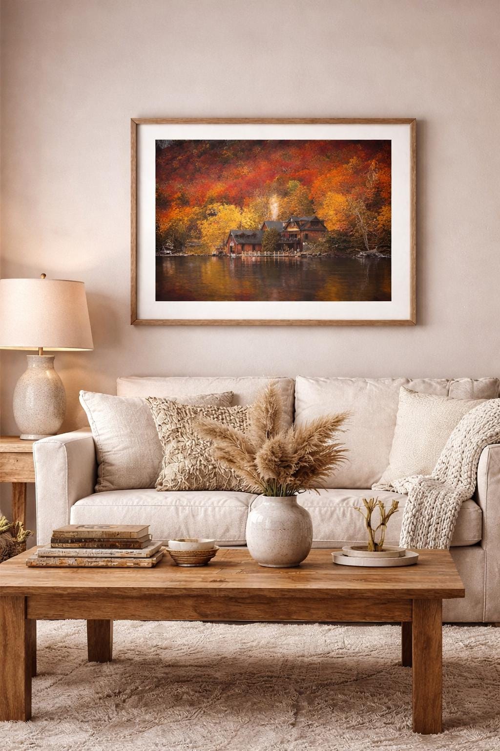 Autumn Cabin Wall Art, Lake House Print, Rustic Cabin Decor, Woodland Autumn Artwork, Cabin Landscape, Nature Wall Art, Instant Download