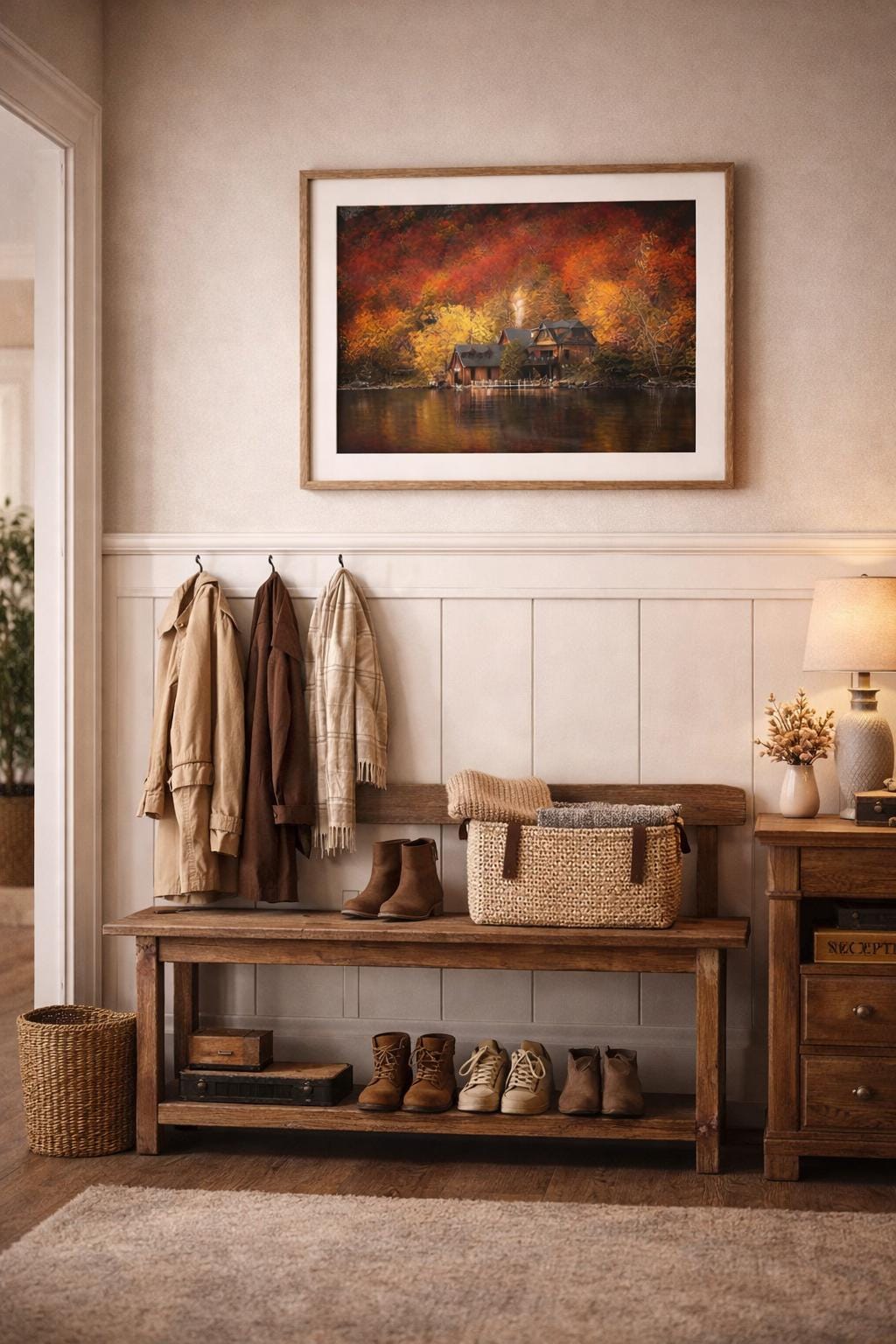 Autumn Cabin Wall Art, Lake House Print, Rustic Cabin Decor, Woodland Autumn Artwork, Cabin Landscape, Nature Wall Art, Instant Download