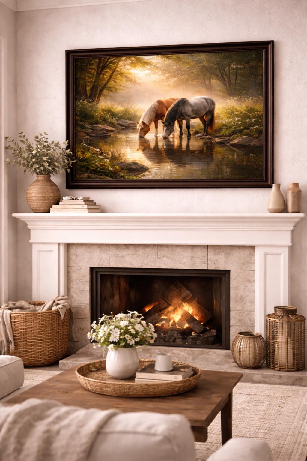 Horses Drinking at a Stream Wall Art, Horse Nature Print, Woodland Creek Artwork, Rustic Cabin Decor, Horse Lover Wall Art, Instant Download