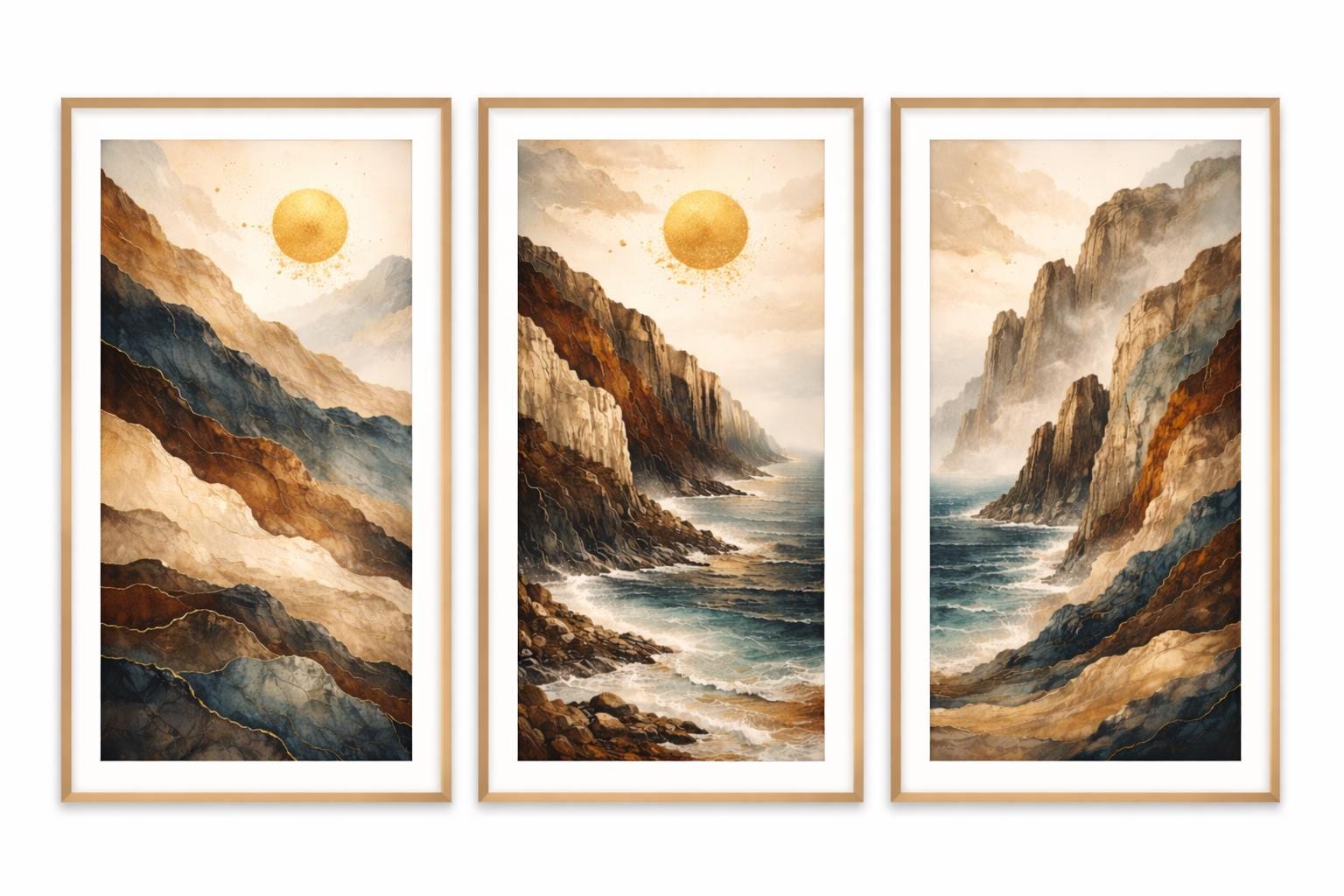 Coastal Cliffs Triptych Art Print, Abstract Seascape, Earth Tone Wall Decor (Digital Download)