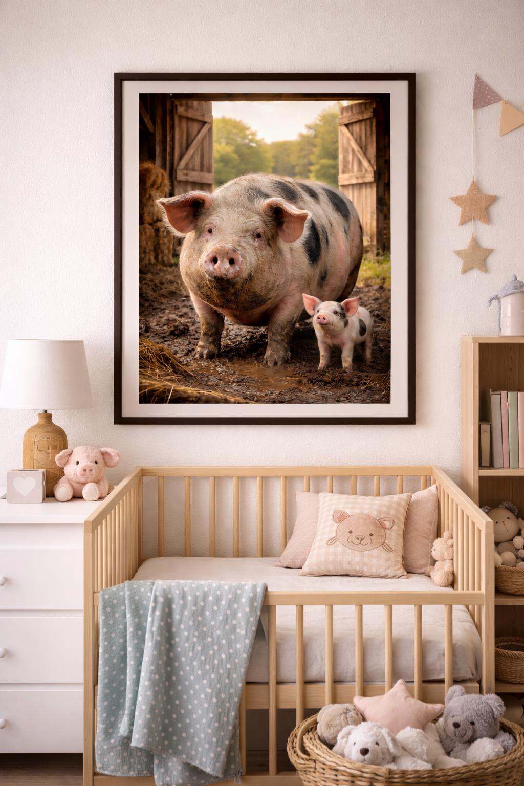 Funny Pig Wall Art, Realistic Farm Pig Art, Big Pig and Piglet Artwork, Rustic Farmhouse Barn Decor Printable