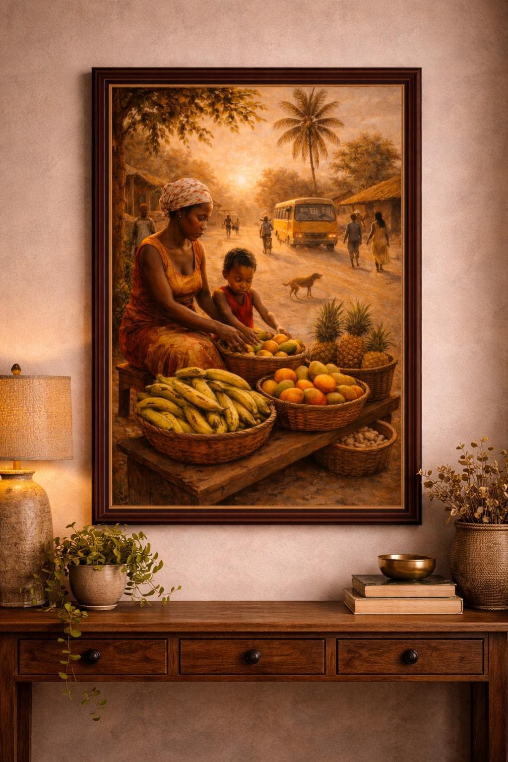 African Mother and Child Art | Village Fruit Stand Oil Painting (Digital Download)