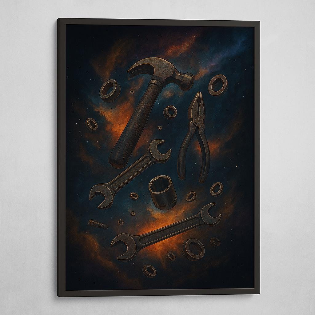 Cosmic Mechanic Tools Print – Galaxy Garage Art, Man Cave Decor