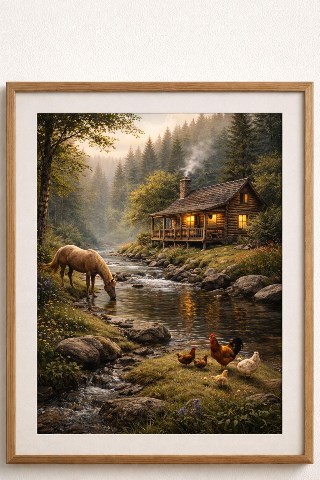 Cabin by the Creek Wall Art with Horse and Chickens, Rustic Farm Cabin Landscape, Country Nature Printable