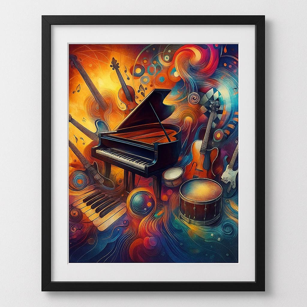 Abstract Music Instruments Art Print, Colorful Piano, Guitar, Violin (Digital Download)