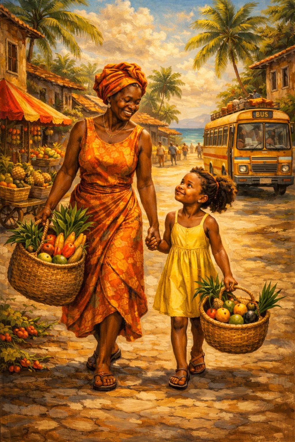 Afro Americana Oil Painting | Grandmother and Child, Coastal Market (Digital Download)