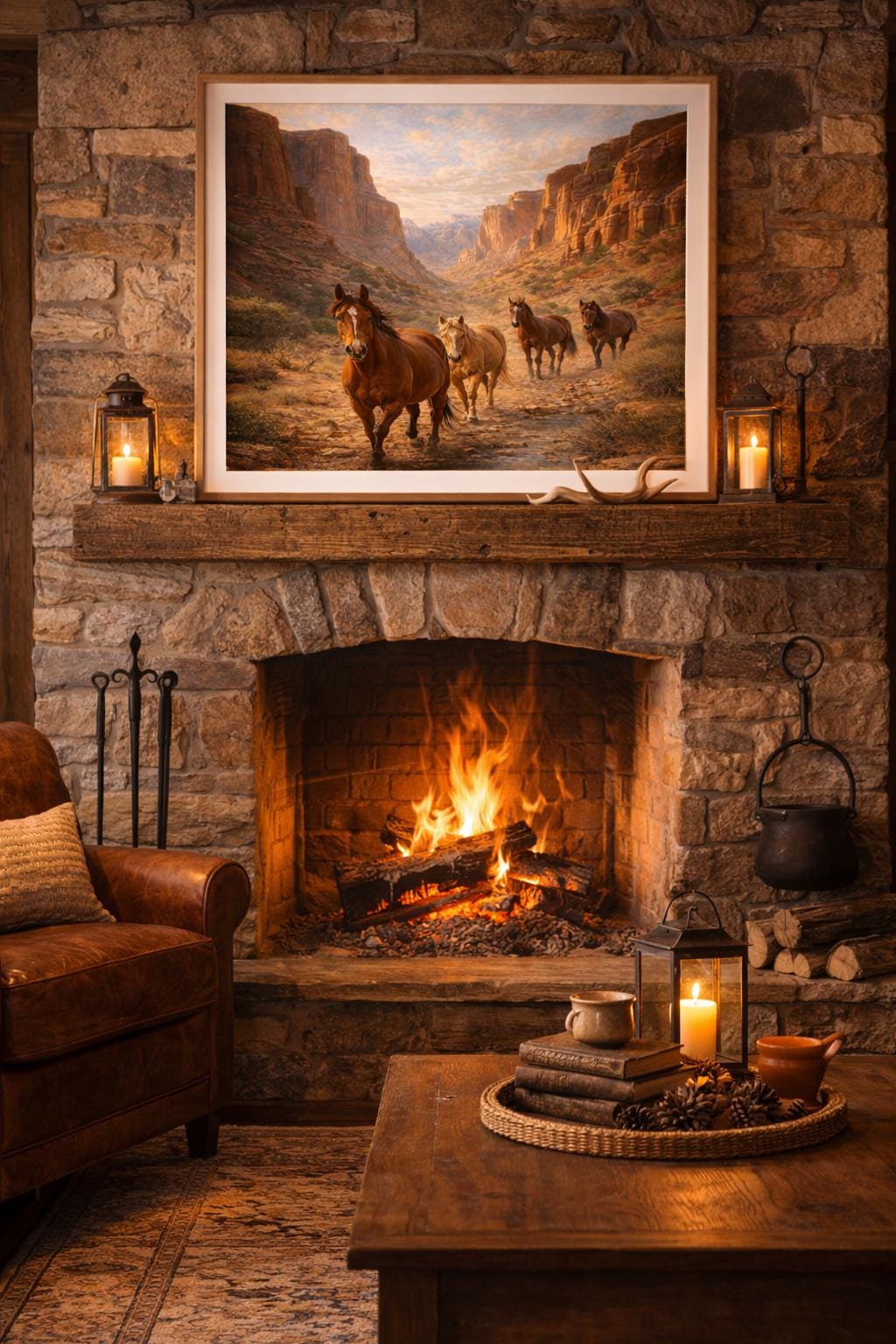 Horses in Desert Canyon Wall Art, Western Horse Landscape, Rustic Southwest Canyon Print, Cowboy Cabin Decor Printable