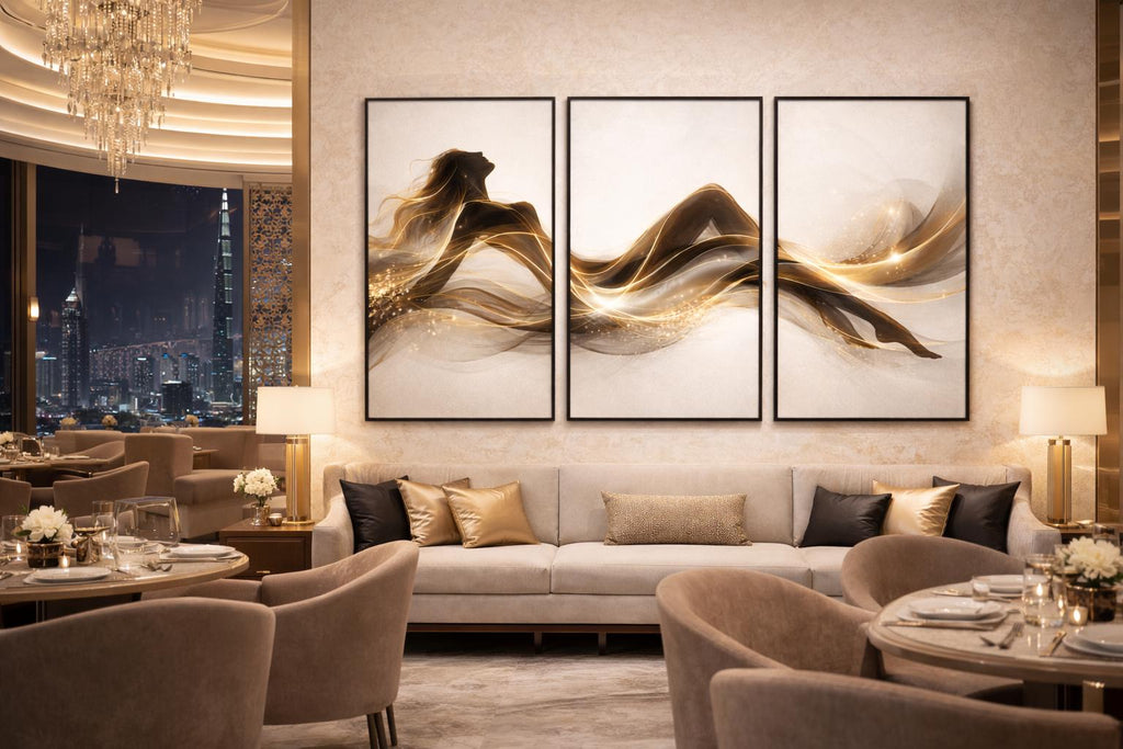 Gold Abstract Woman Silhouette Triptych, Elegant Printable Wall Art (Set of 3)