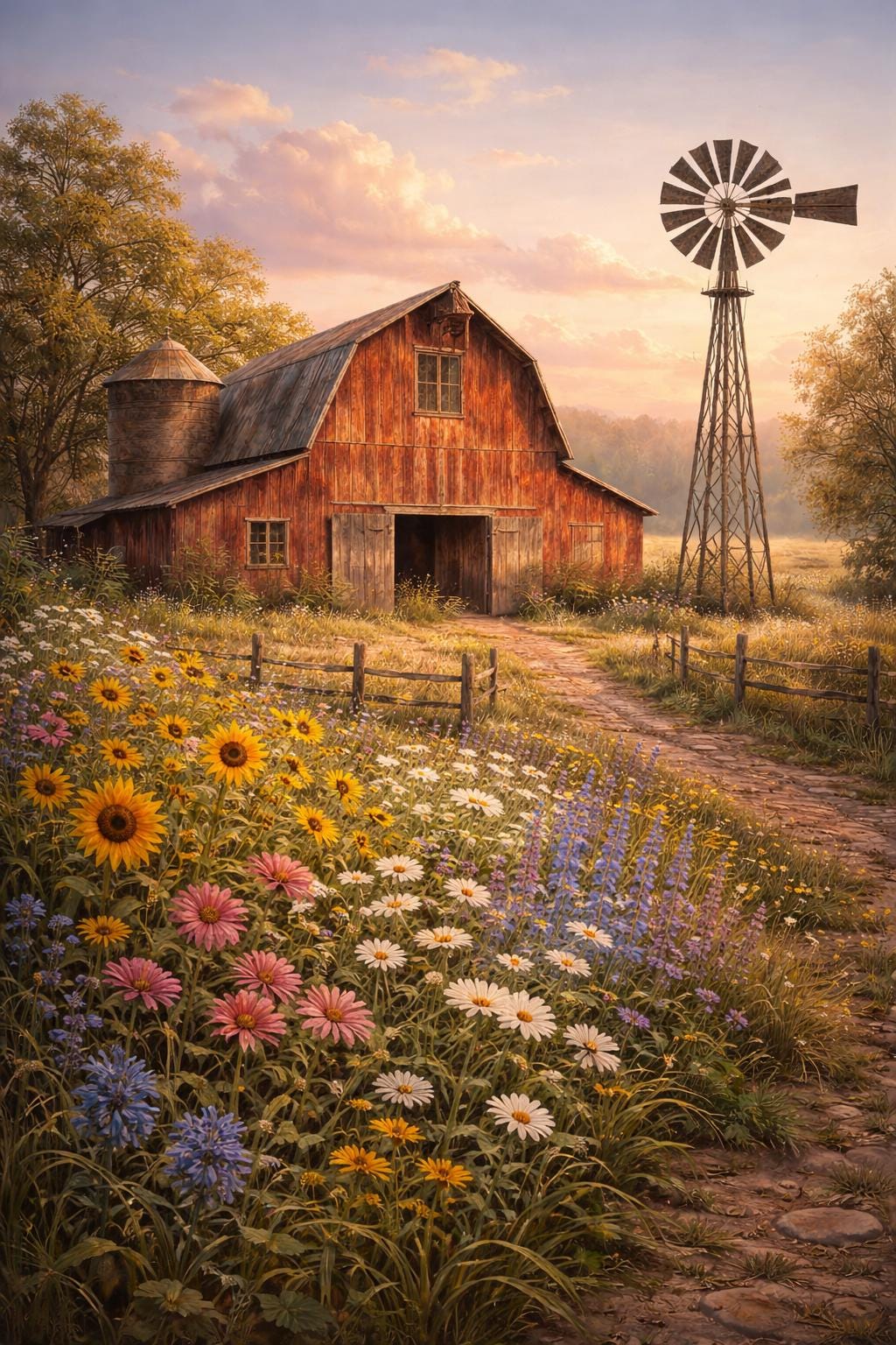 Barn Windmill Wall Art Printable, Rustic Farm Landscape, Wildflower Meadow Painting, Farmhouse Country Decor, Digital Download