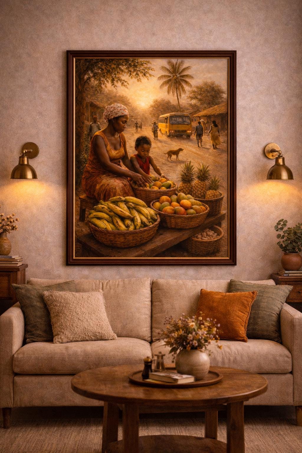 African Mother and Child Art | Village Fruit Stand Oil Painting (Digital Download)