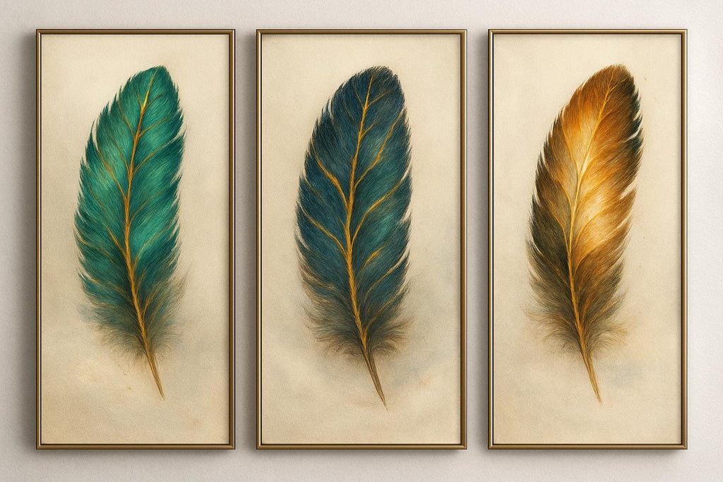 Feather Triptych Wall Art | Elegant Gold Accent Decor (Digital Download)