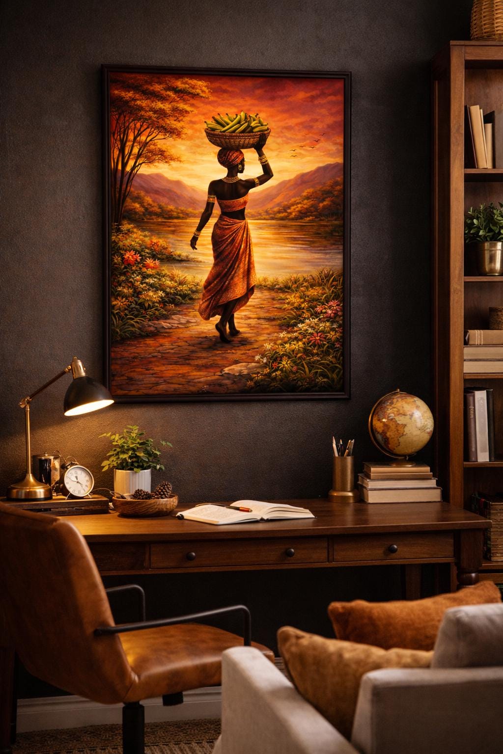 African Woman Plantain Art Print | Afrocentric Sunset Artwork (Digital Download)