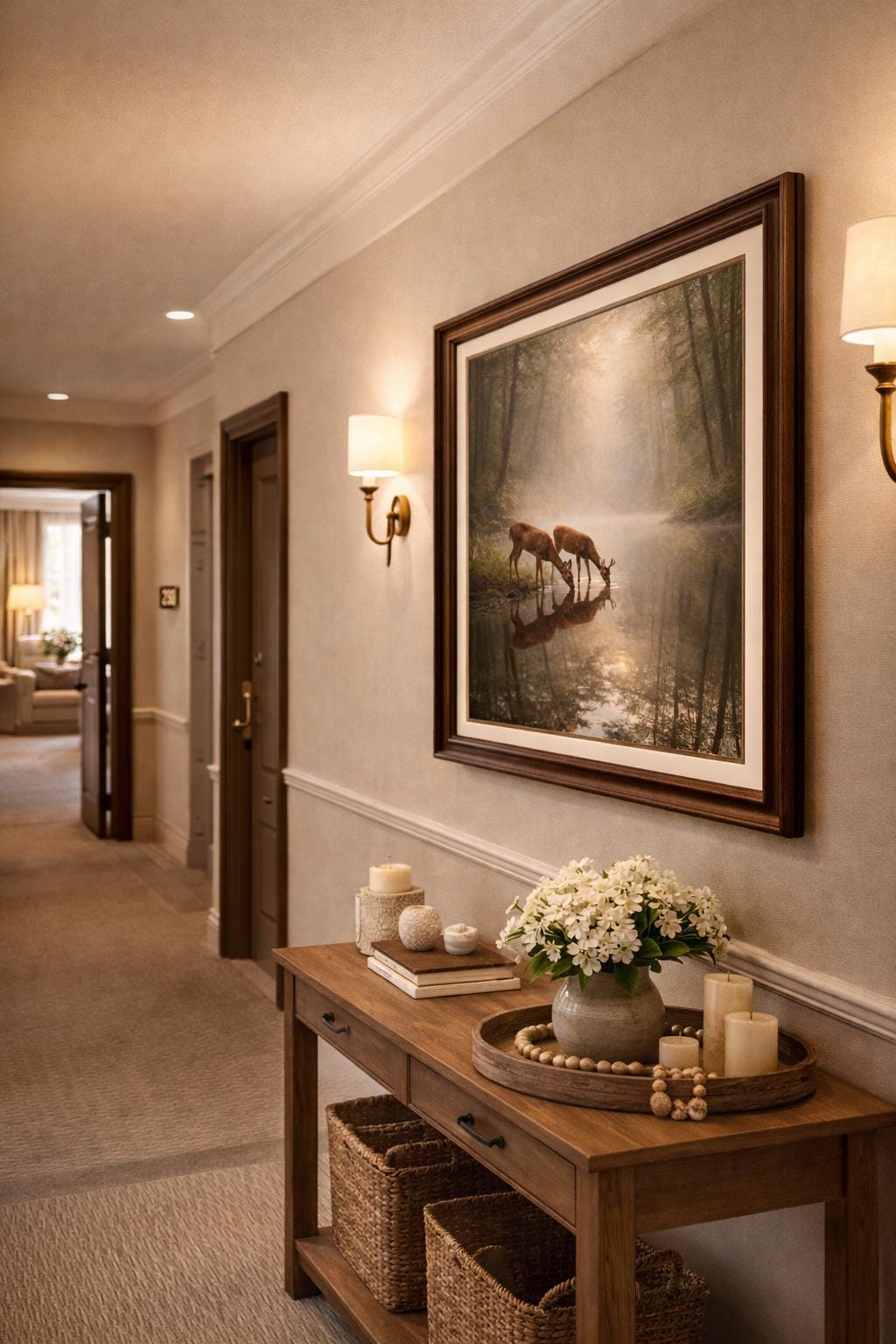 Deer by Forest Pond Wall Art, Wildlife Nature, Morning Mist Forest Decor, Rustic Cabin Art, Woodland Animal Printable, Instant print