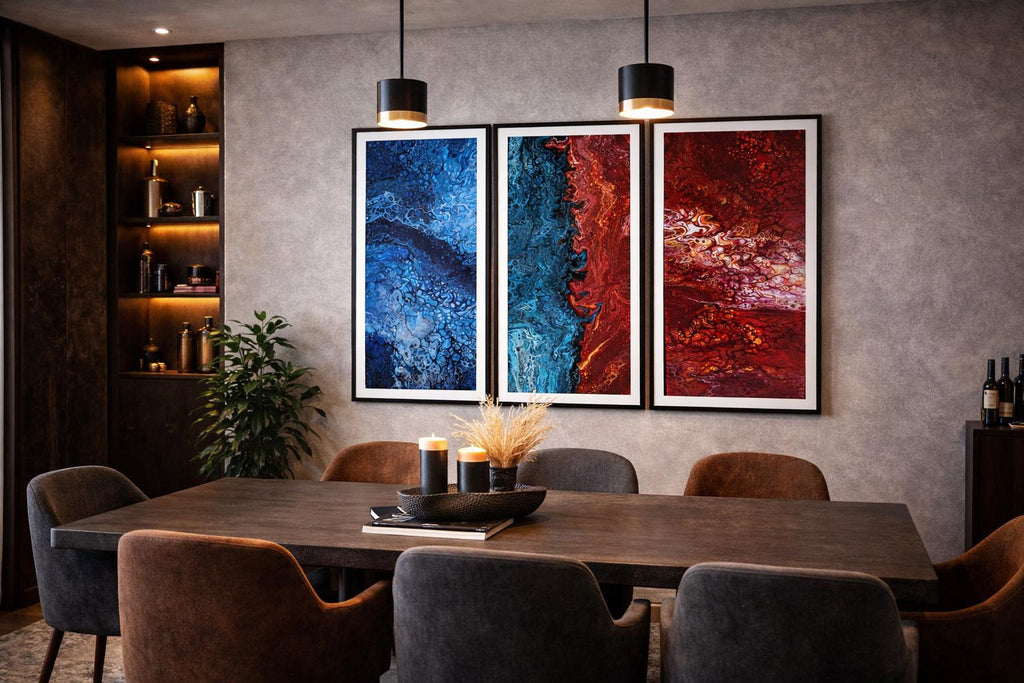 Abstract Fluid Art Triptych, Blue Red Modern Wall Decor (Printable PDF Set)