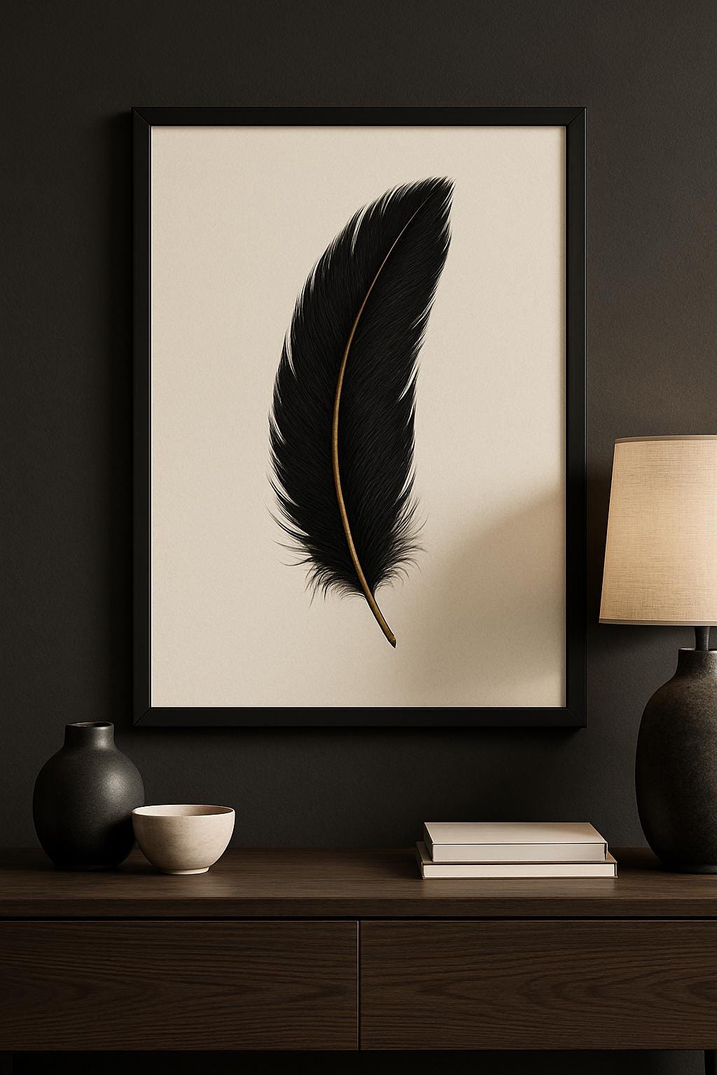 Black Feather Print | Luxury Gold Accent, Minimalist Wall Decor (Digital Download)