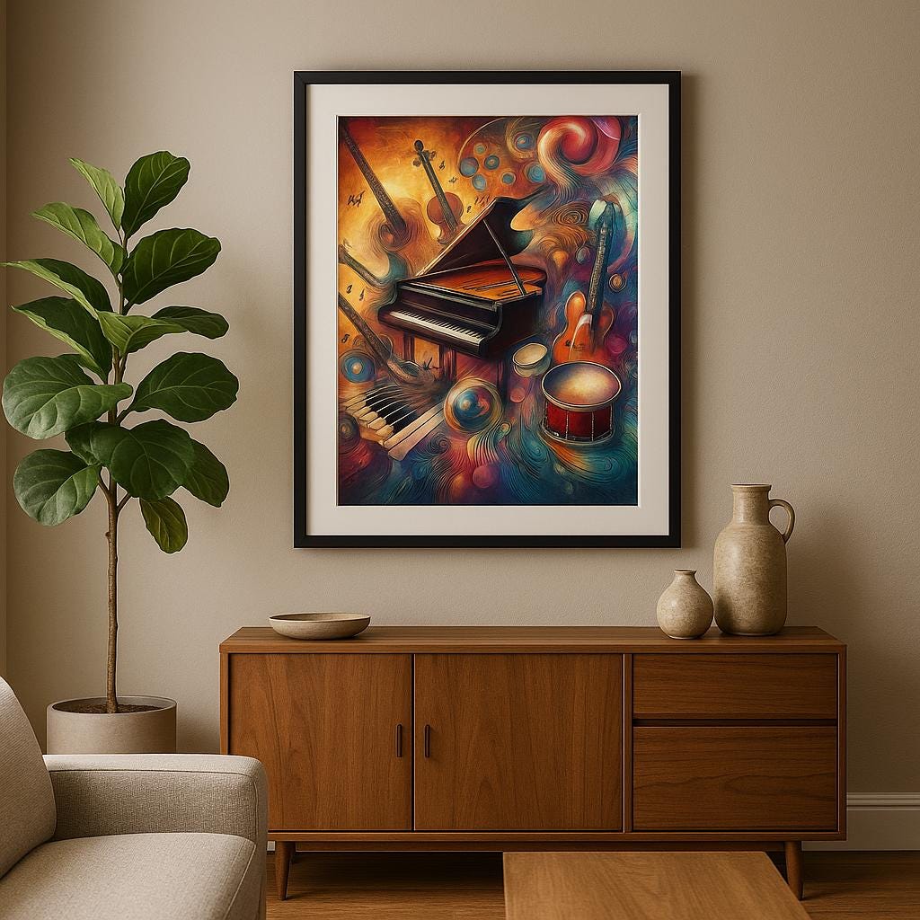 Abstract Music Instruments Art Print, Colorful Piano, Guitar, Violin (Digital Download)