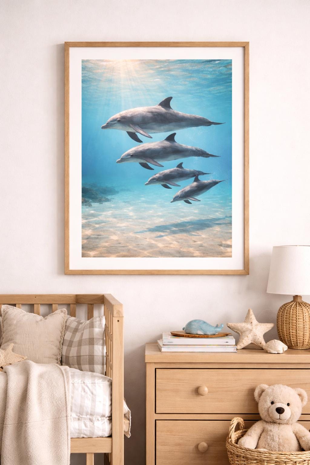 Dolphins Swimming Wall Art Printable | Ocean Nursery Decor | Calm Marine Life Art | Dolphin Family Print | Instant Download