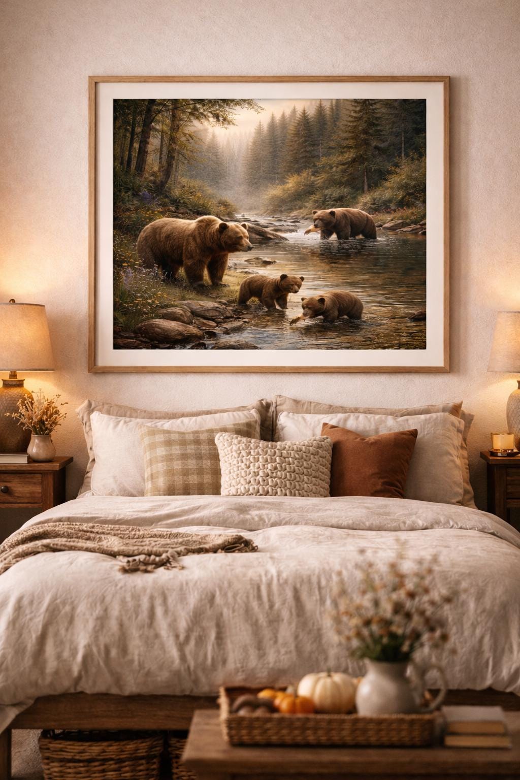 Bears by Woodland Stream Wall Art, Rustic Wildlife Landscape, Forest River Bears Print, Nature Cabin Decor Printable