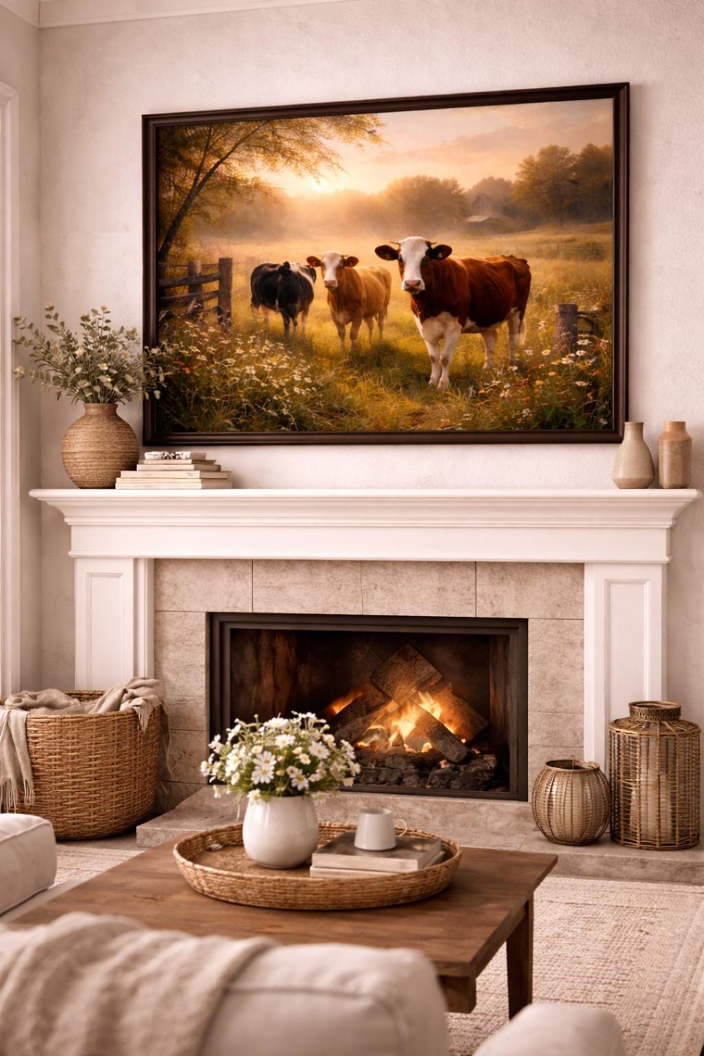 Cows at Golden Hour Wall Art, Farm Cow Pasture Print, Rustic Country Farmhouse Decor, Western Farm Artwork, Large Wall Art Printable