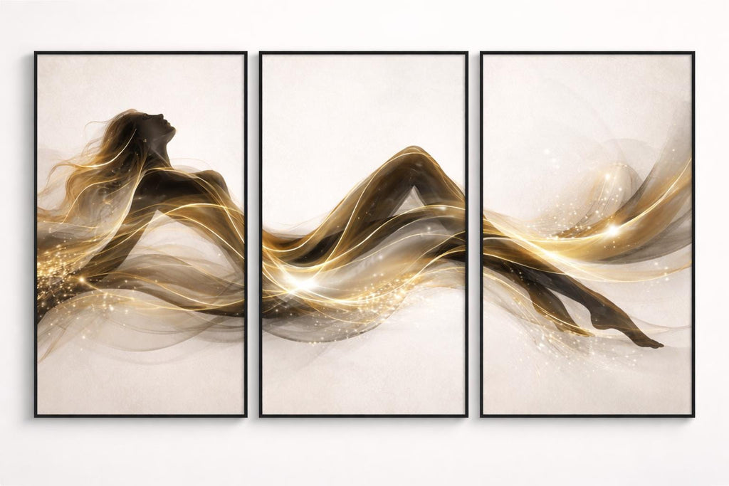 Gold Abstract Woman Silhouette Triptych, Elegant Printable Wall Art (Set of 3)