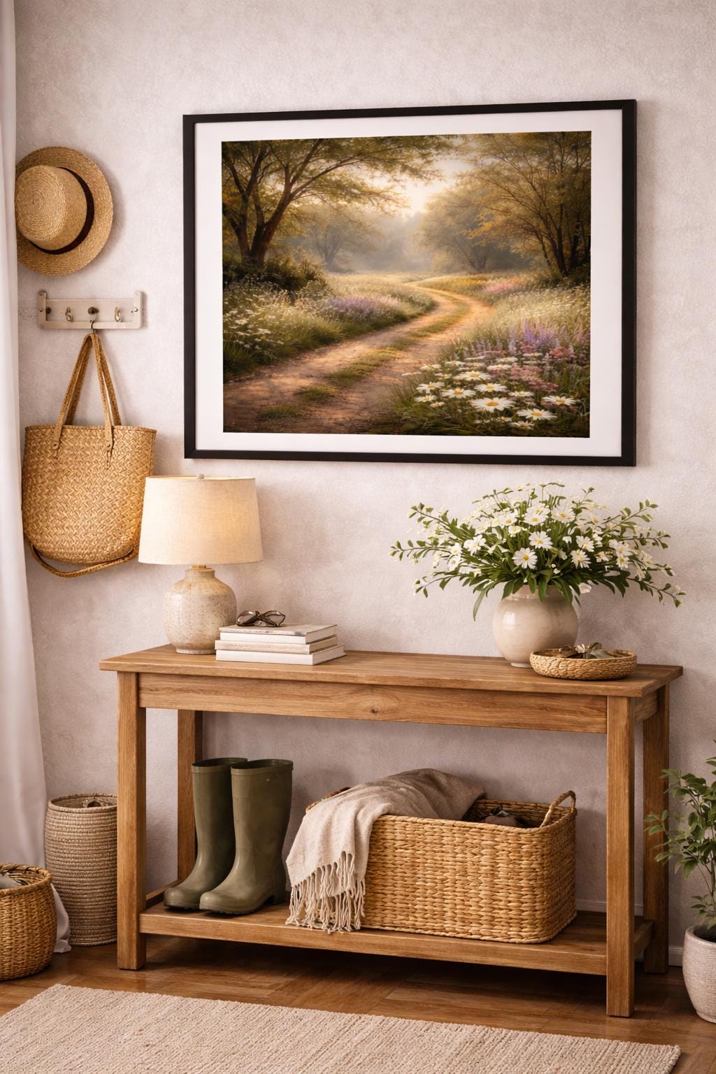 Country Path Wall Art, Wildflower Meadow Landscape, Spring Floral Road Art, Cottage Farmhouse Printable Digital Download