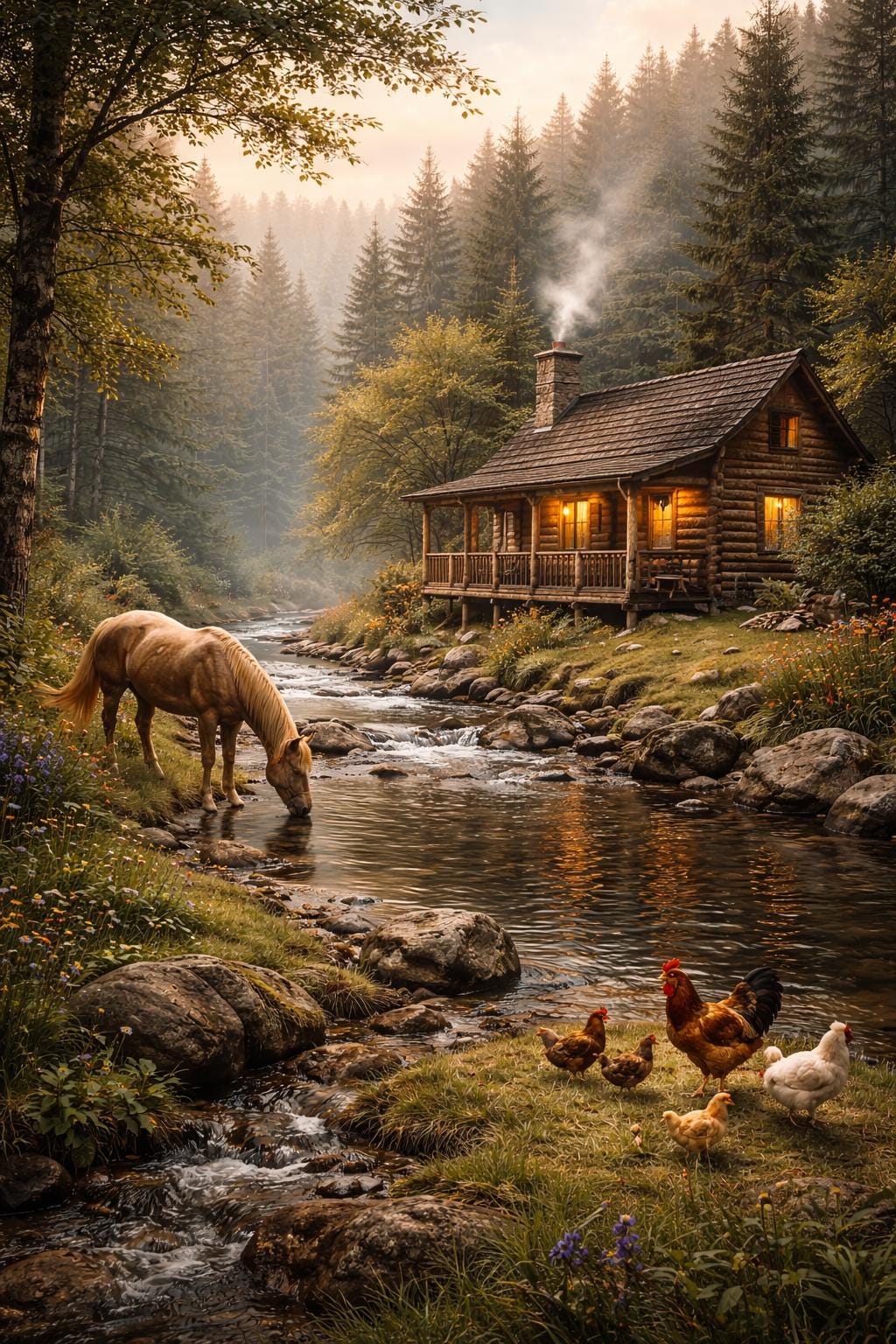 Cabin by the Creek Wall Art with Horse and Chickens, Rustic Farm Cabin Landscape, Country Nature Printable