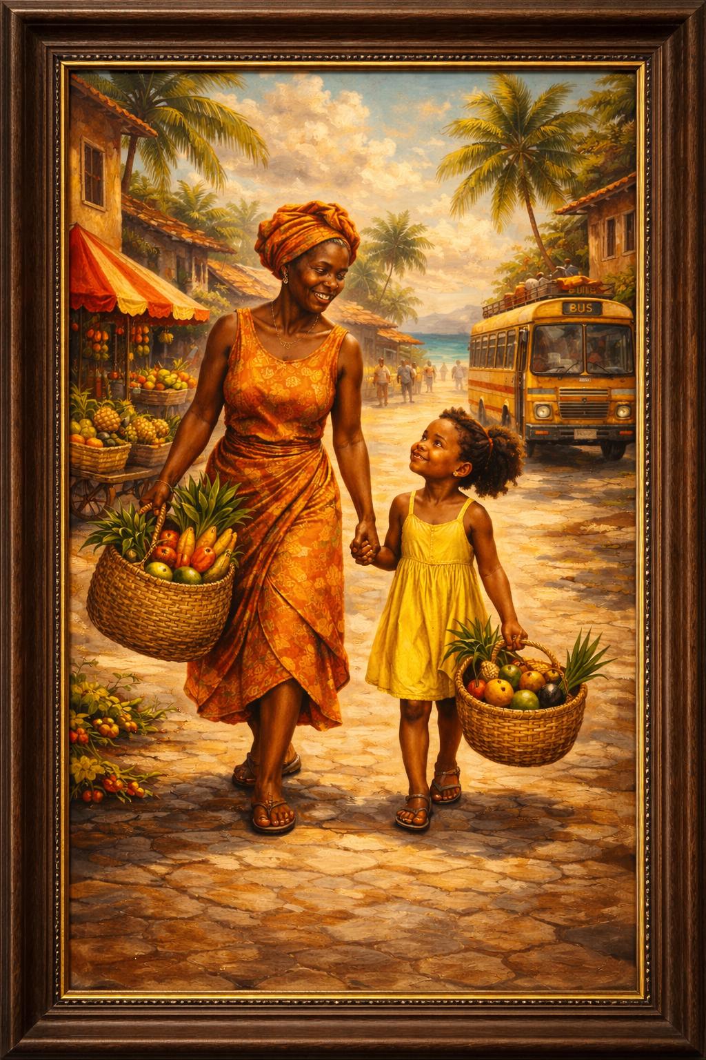 Afro Americana Oil Painting | Grandmother and Child, Coastal Market (Digital Download)