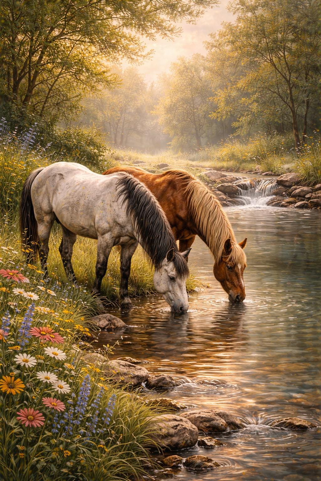 Horses Drinking at River Wall Art Printable, Peaceful Horse Landscape, Rustic Nature Painting, Farmhouse Cottage Decor, Digital Download