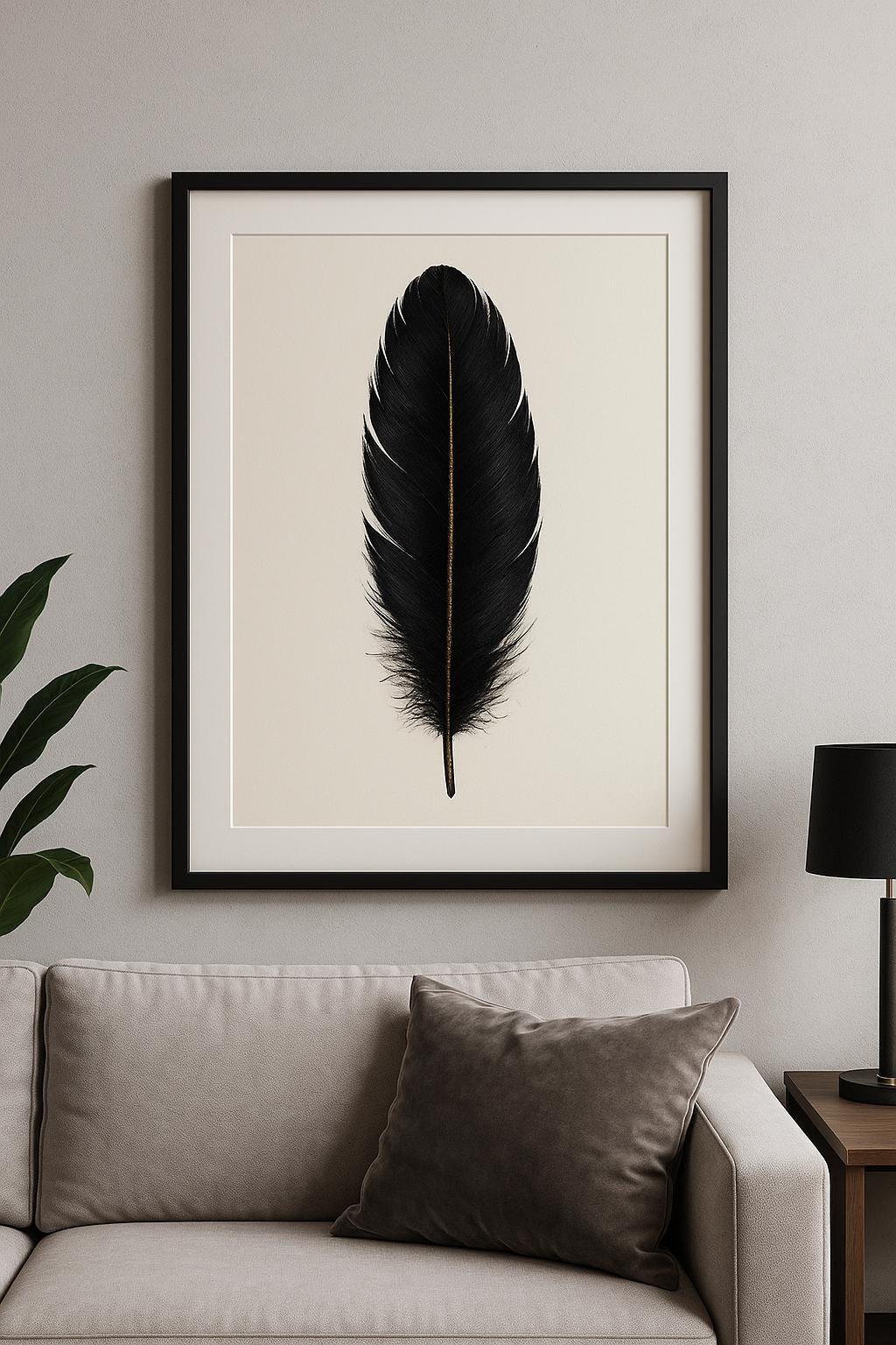 Black Feather Print | Luxury Gold Accent, Minimalist Wall Decor (Digital Download)