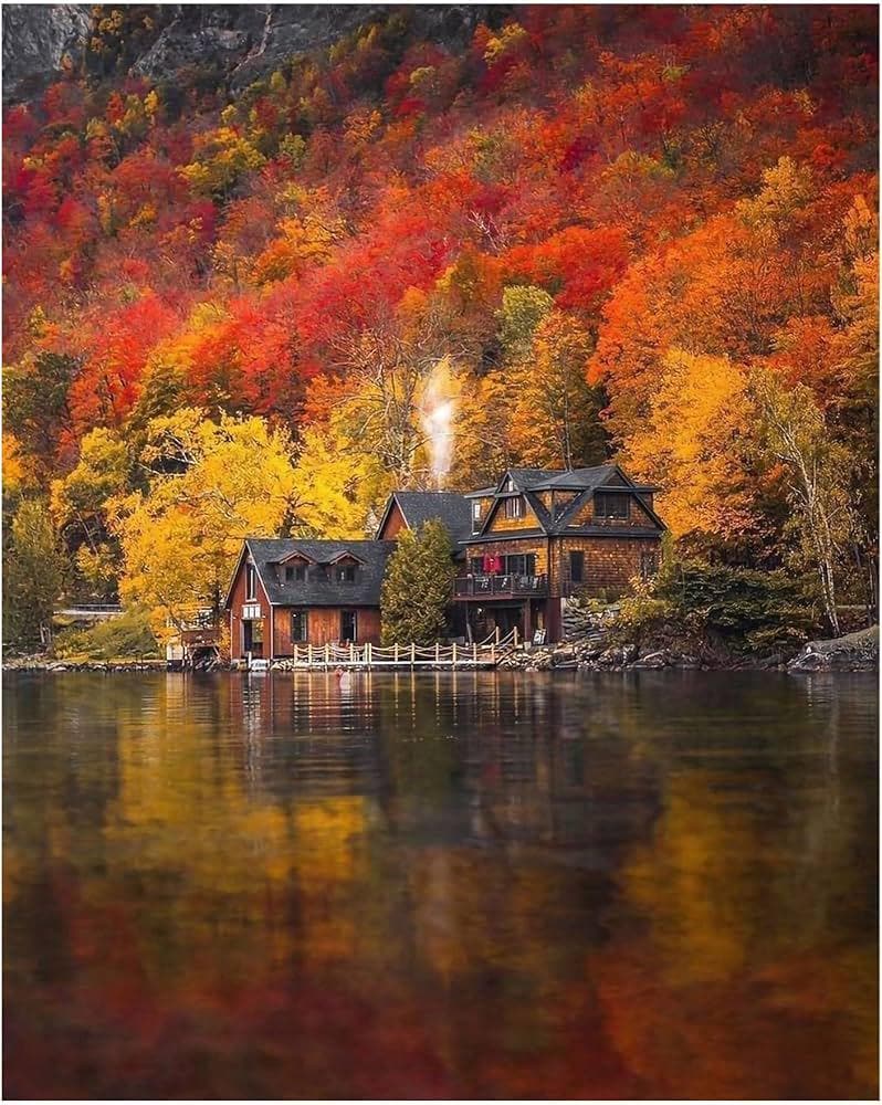 Autumn Cabin Wall Art, Lake House Print, Rustic Cabin Decor, Woodland Autumn Artwork, Cabin Landscape, Nature Wall Art, Instant Download