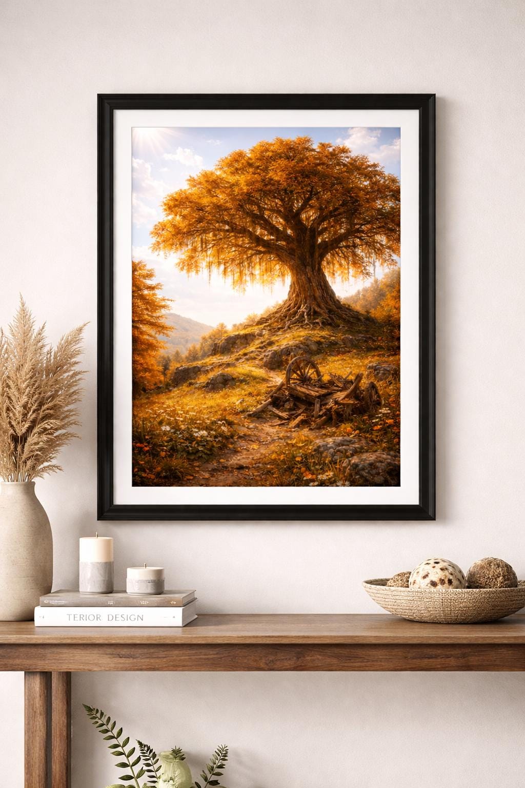 Ancient Autumn Tree Wall Art, Rustic Fantasy Landscape Print, Broken Oxcart Art, Fall Nature Decor, Printable Art