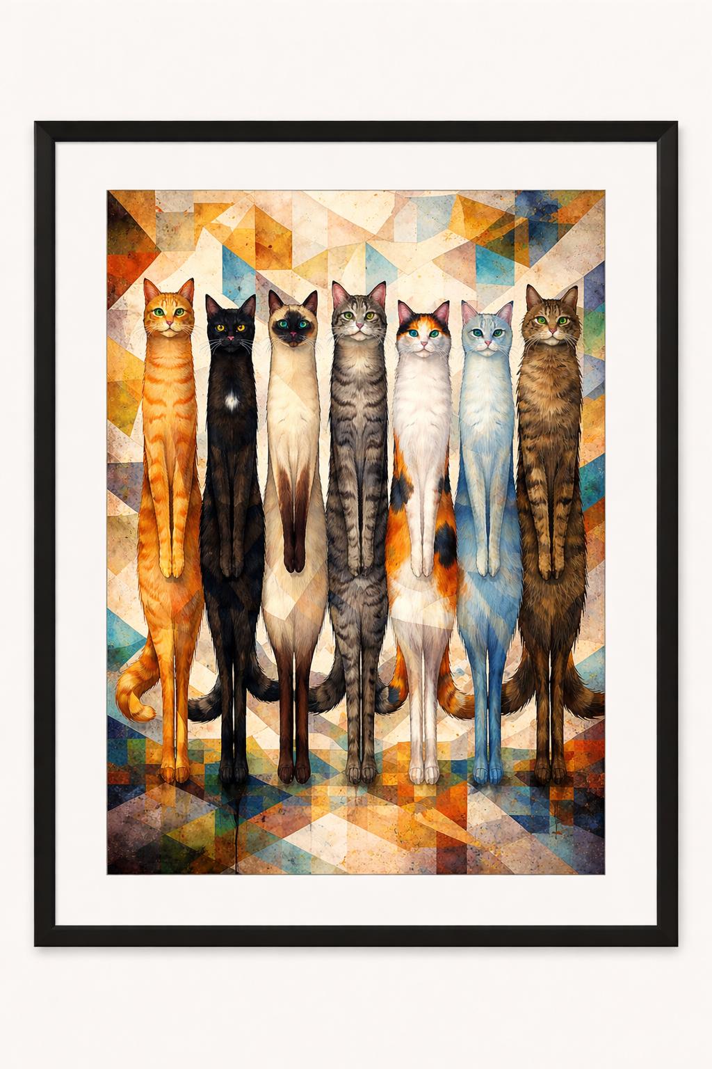 Abstract Cubist Stretch Cats Wall Art, Modern Cat Print, Colorful Geometric Feline Artwork, Contemporary Animal Decor