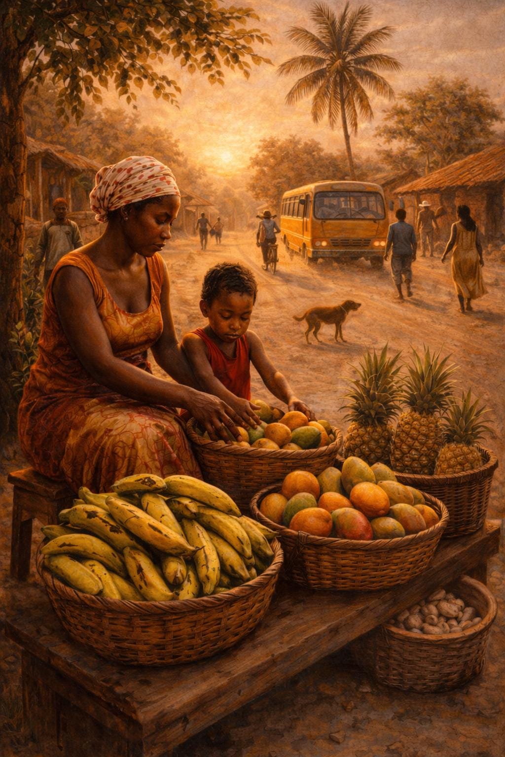African Mother and Child Art | Village Fruit Stand Oil Painting (Digital Download)