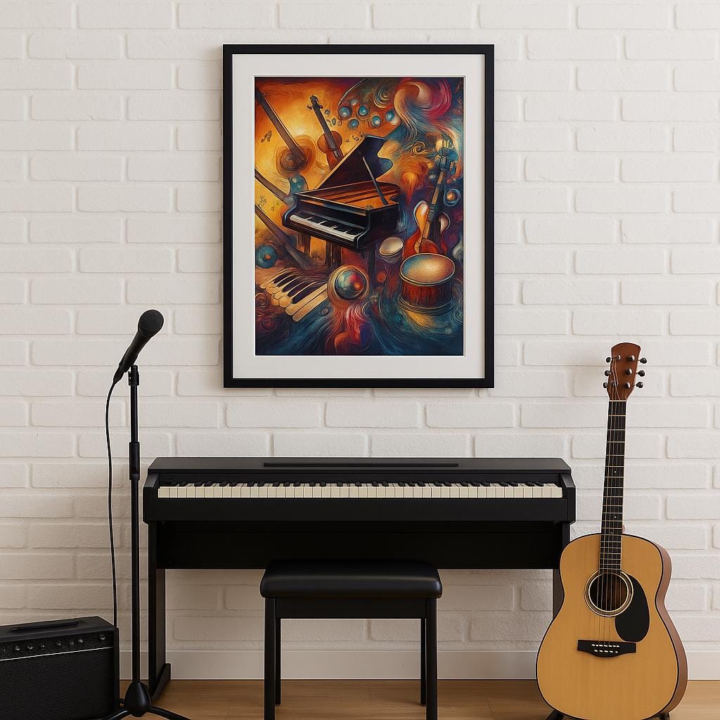 Abstract Music Instruments Art Print, Colorful Piano, Guitar, Violin (Digital Download)
