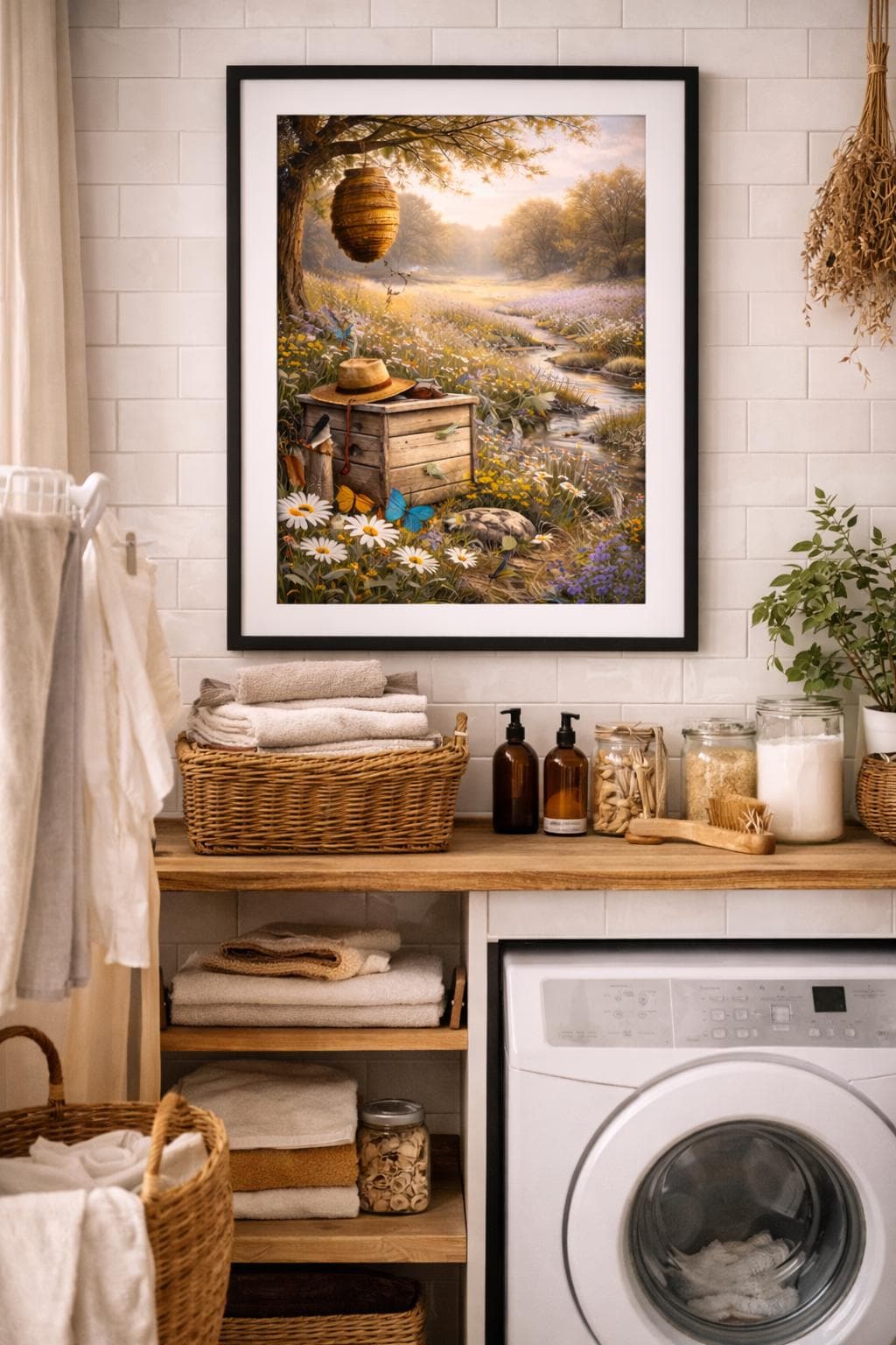 Beehive Wall Art, Butterflies and Wildflowers art, Nature Meadow Landscape, Cottage Farmhouse Printable Digital Download