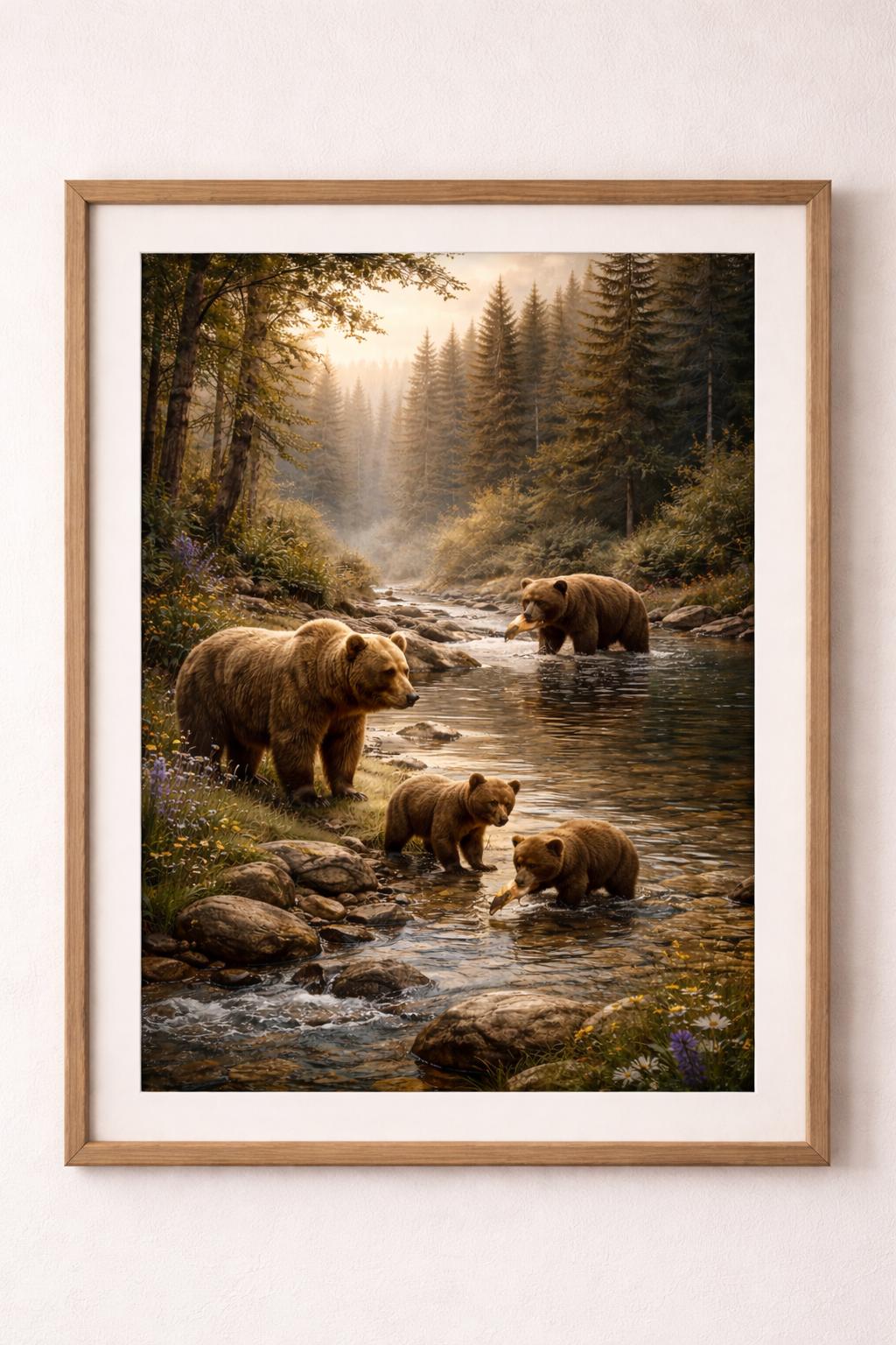 Bears by Woodland Stream Wall Art, Rustic Wildlife Landscape, Forest River Bears Print, Nature Cabin Decor Printable
