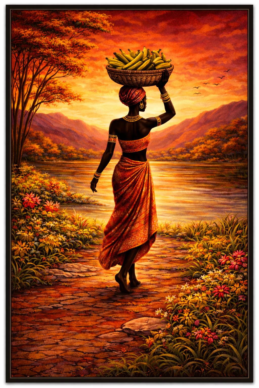 African Woman Plantain Art Print | Afrocentric Sunset Artwork (Digital Download)