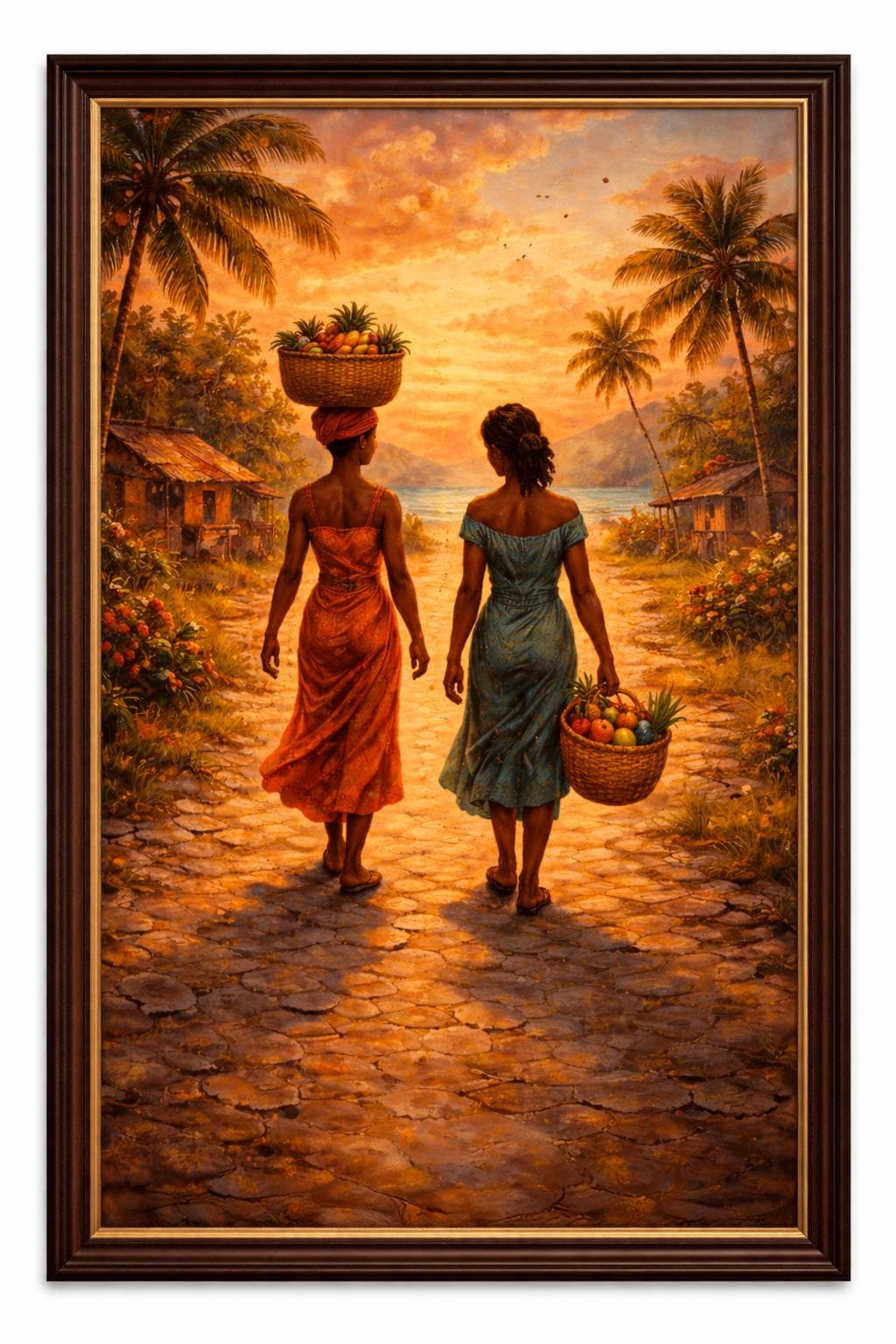 Afro Americana Oil Painting | Sunset Village, African Women (Digital Download)