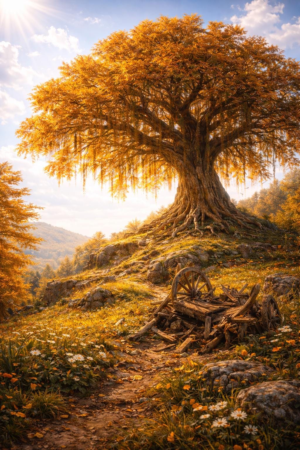 Ancient Autumn Tree Wall Art, Rustic Fantasy Landscape Print, Broken Oxcart Art, Fall Nature Decor, Printable Art