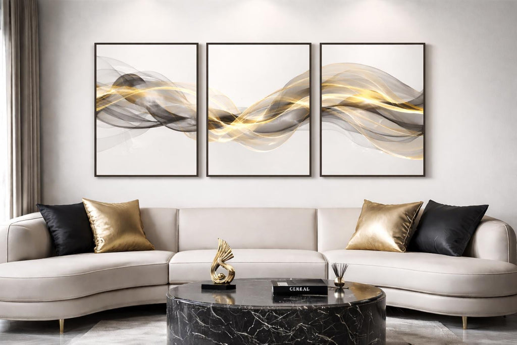Abstract Gold Ribbon Triptych, Modern Neutral Art (PDF Download Set of 3)