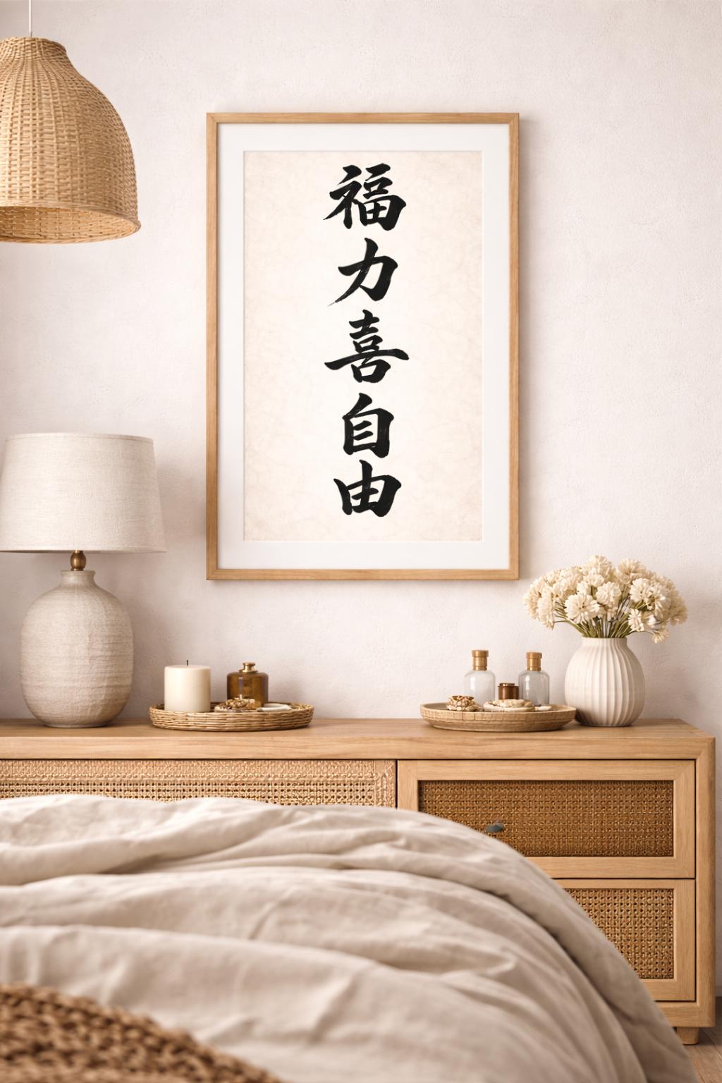 Chinese Calligraphy Wall Art, Zen Blessing Power Happiness Freedom (Digital Download)