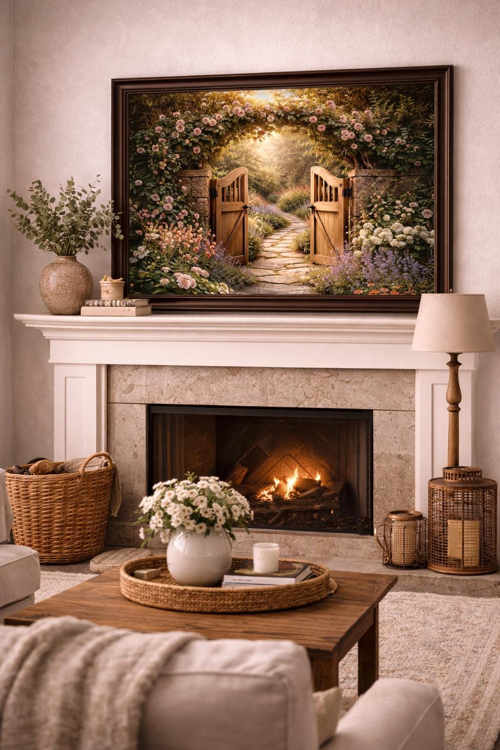 Garden Gate Wall Art, Open Garden Pathway Print, Cottage Garden Decor, Floral Stone Path Artwork, Romantic Garden Printable