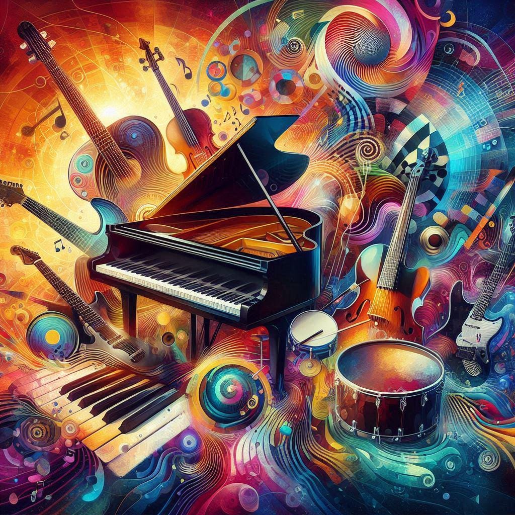 Abstract Music Instruments Art Print, Colorful Piano, Guitar, Violin (Digital Download)