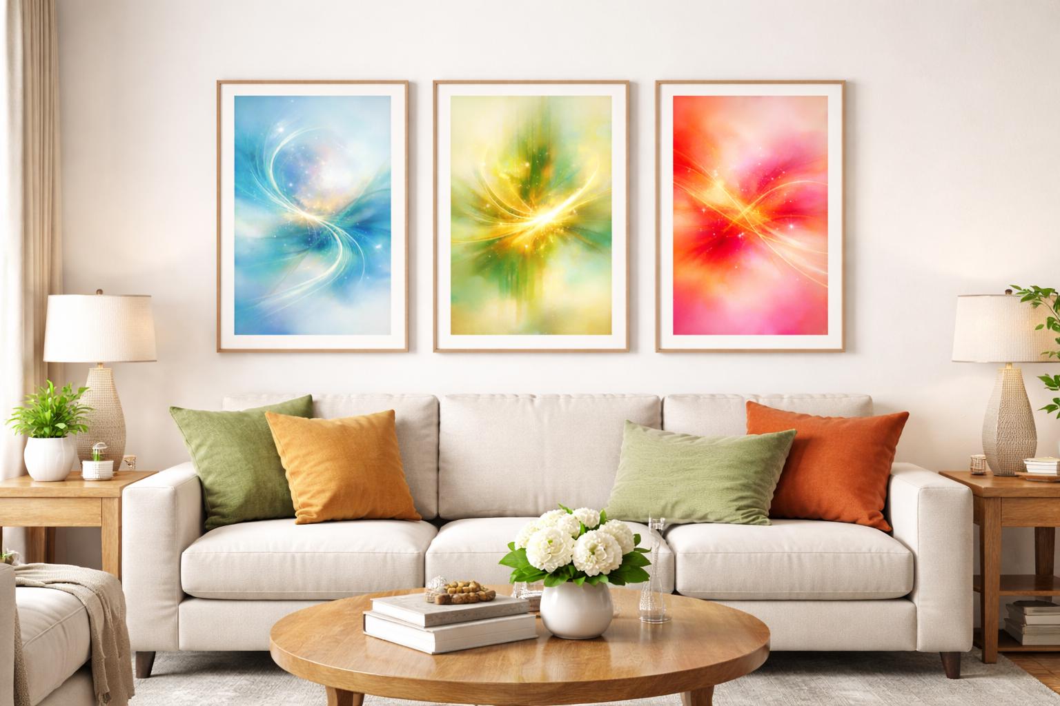 Abstract Triptych Wall Art Set, Blue Green Red, Modern Home Decor (Digital Download)