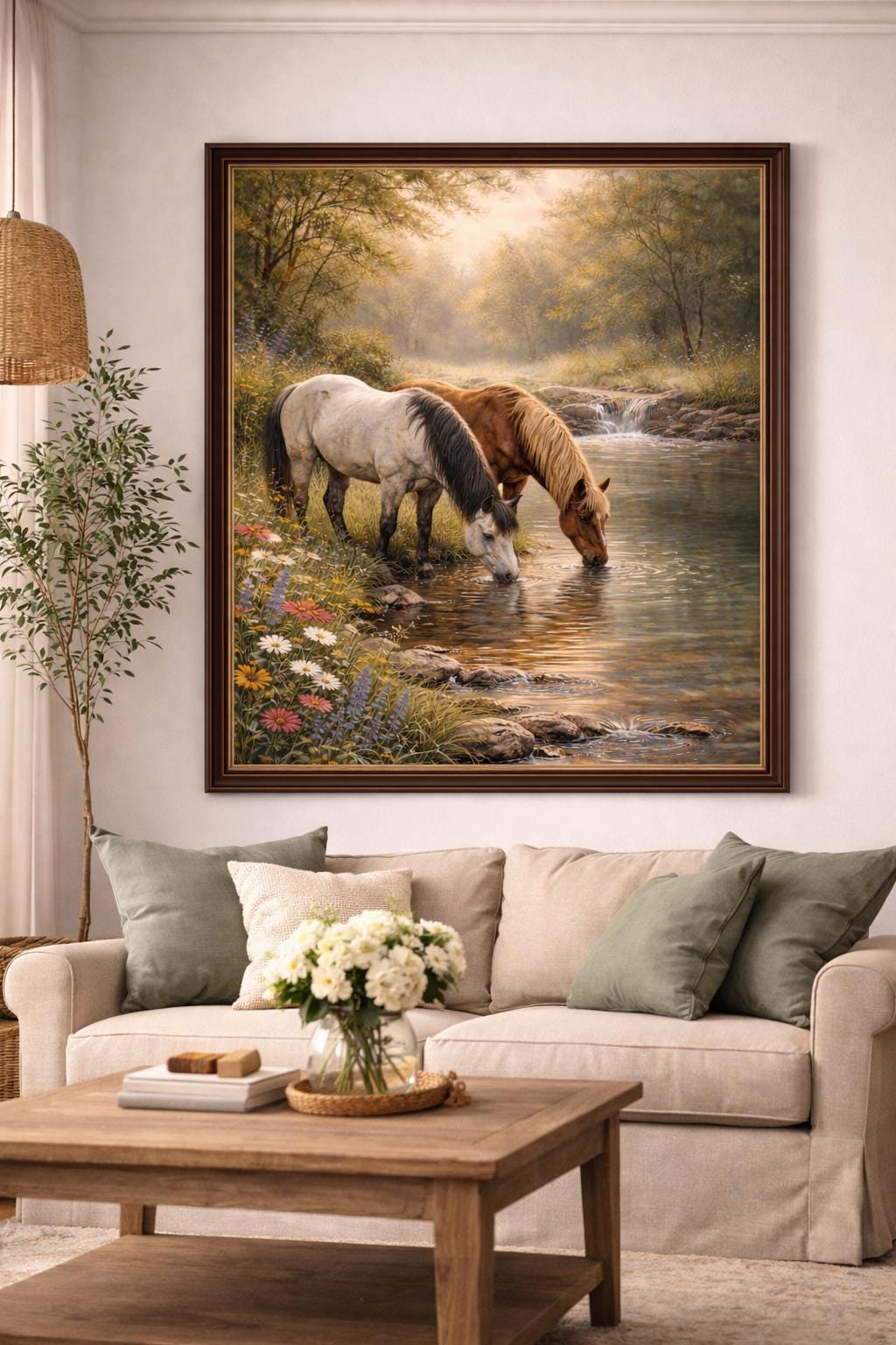 Horses Drinking at River Wall Art Printable, Peaceful Horse Landscape, Rustic Nature Painting, Farmhouse Cottage Decor, Digital Download
