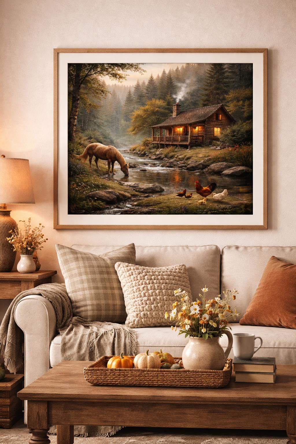 Cabin by the Creek Wall Art with Horse and Chickens, Rustic Farm Cabin Landscape, Country Nature Printable