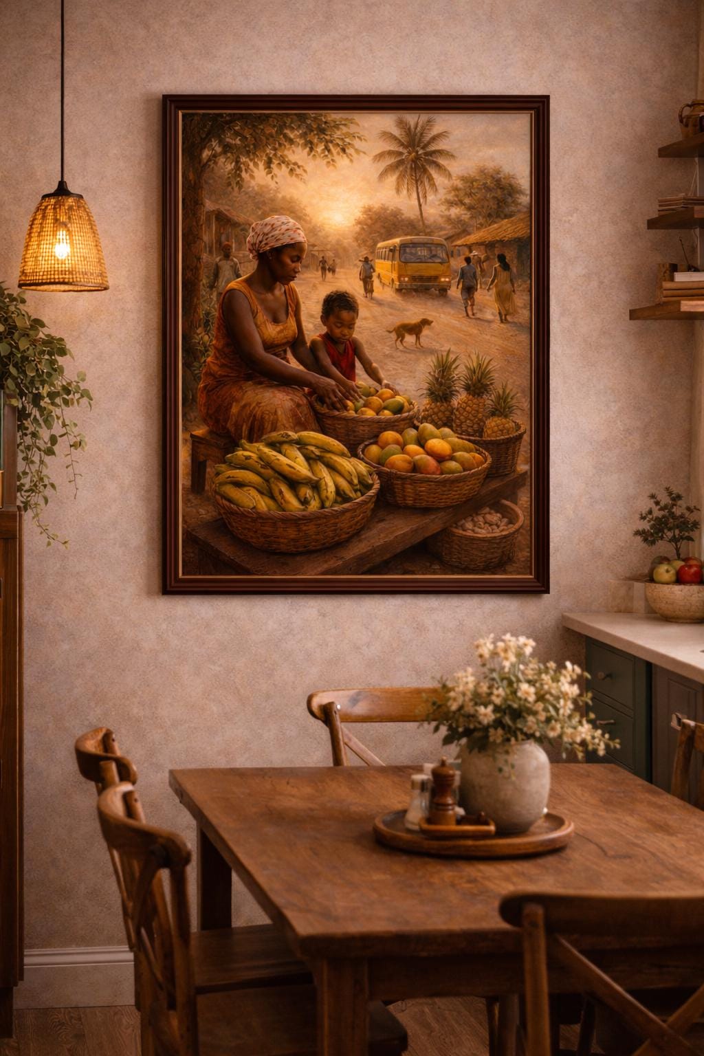African Mother and Child Art | Village Fruit Stand Oil Painting (Digital Download)