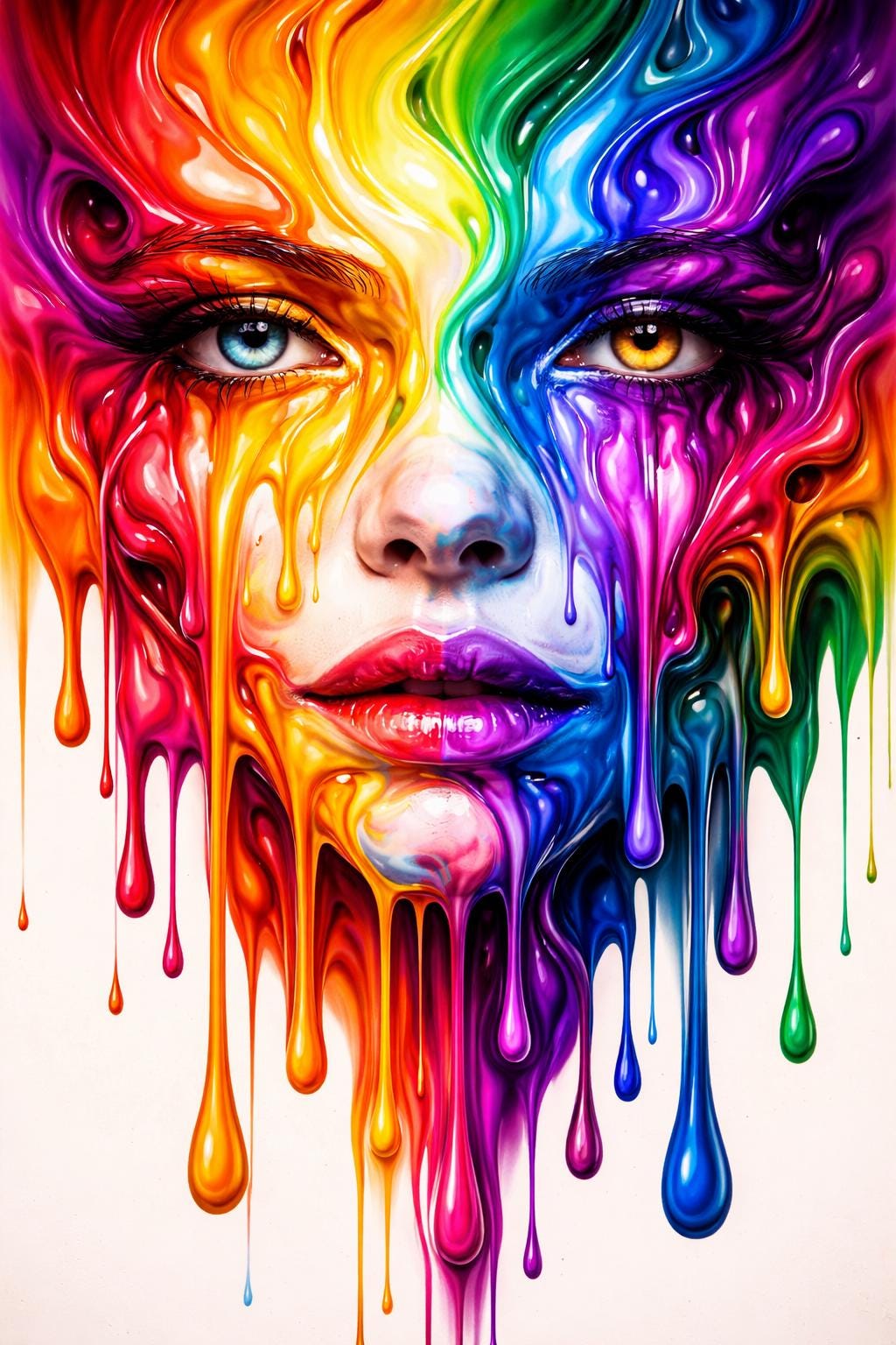 Abstract Melted Face Pride Wall Art, Rainbow Drip Portrait, LGBTQ Modern Art Print, Colorful Surreal Face Artwork