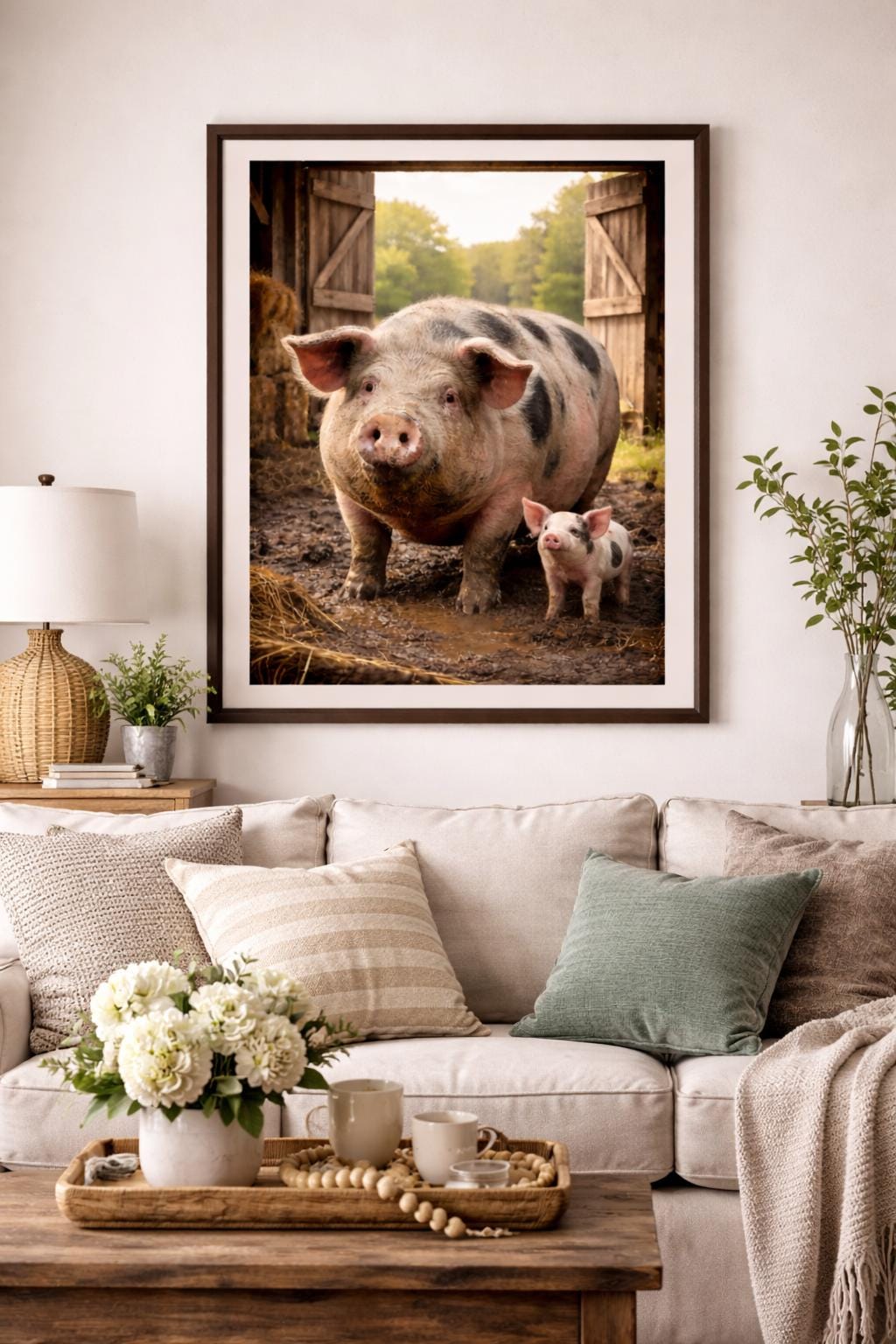 Funny Pig Wall Art, Realistic Farm Pig Art, Big Pig and Piglet Artwork, Rustic Farmhouse Barn Decor Printable